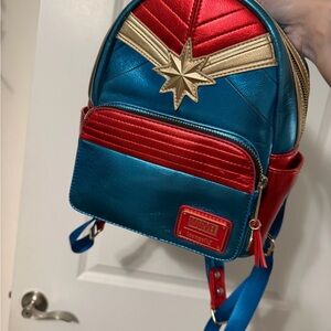 Metallic Captain Marvel Loungefly Mini Backpack - Red, Blue, Gold